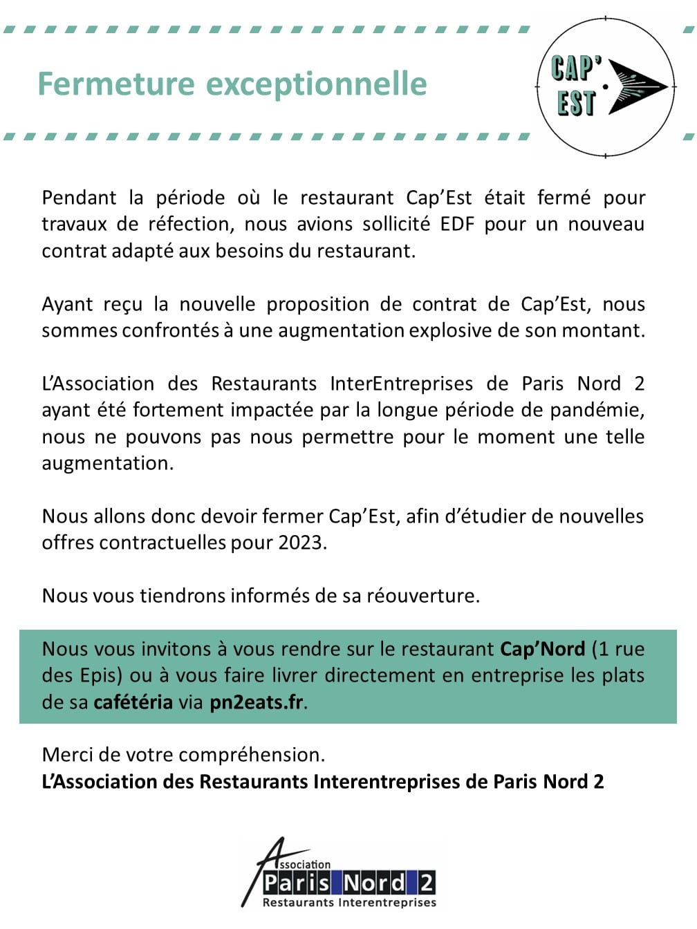 Fermeture exceptionnelle restaurant Cap’Est PARIS NORD 2